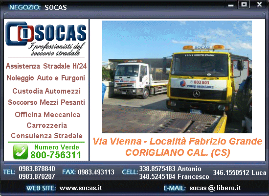 Socas - Corigliano Calabro (CS) - Professionisti del soccorso stradale h 24 - noleggio auto e furgoni - officina meccanica - carrozzeria - consulenza stradale - numero verde 800756311